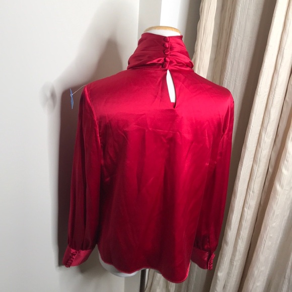 VTG Red Silk Satin Balloon Button Sleeve Blouse L - Picture 13 of 16